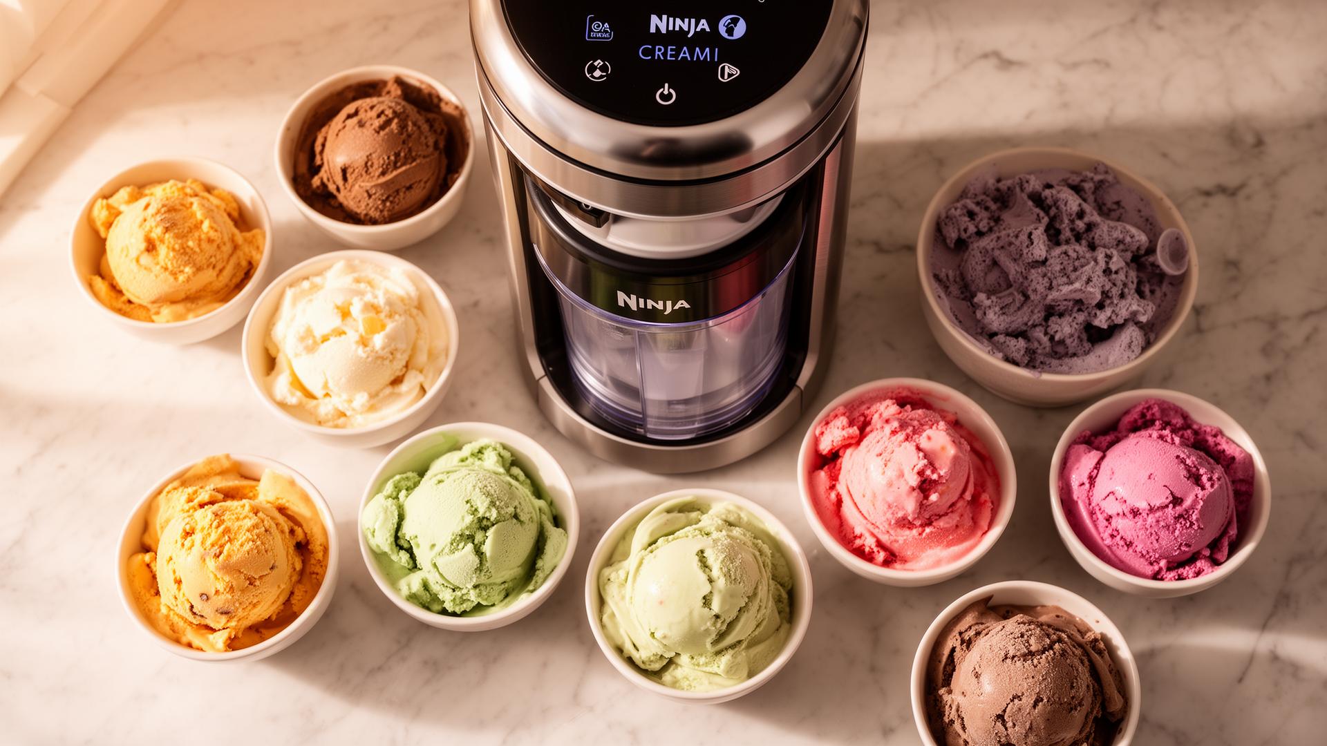 Ninja Creami with colorful ice cream bowls